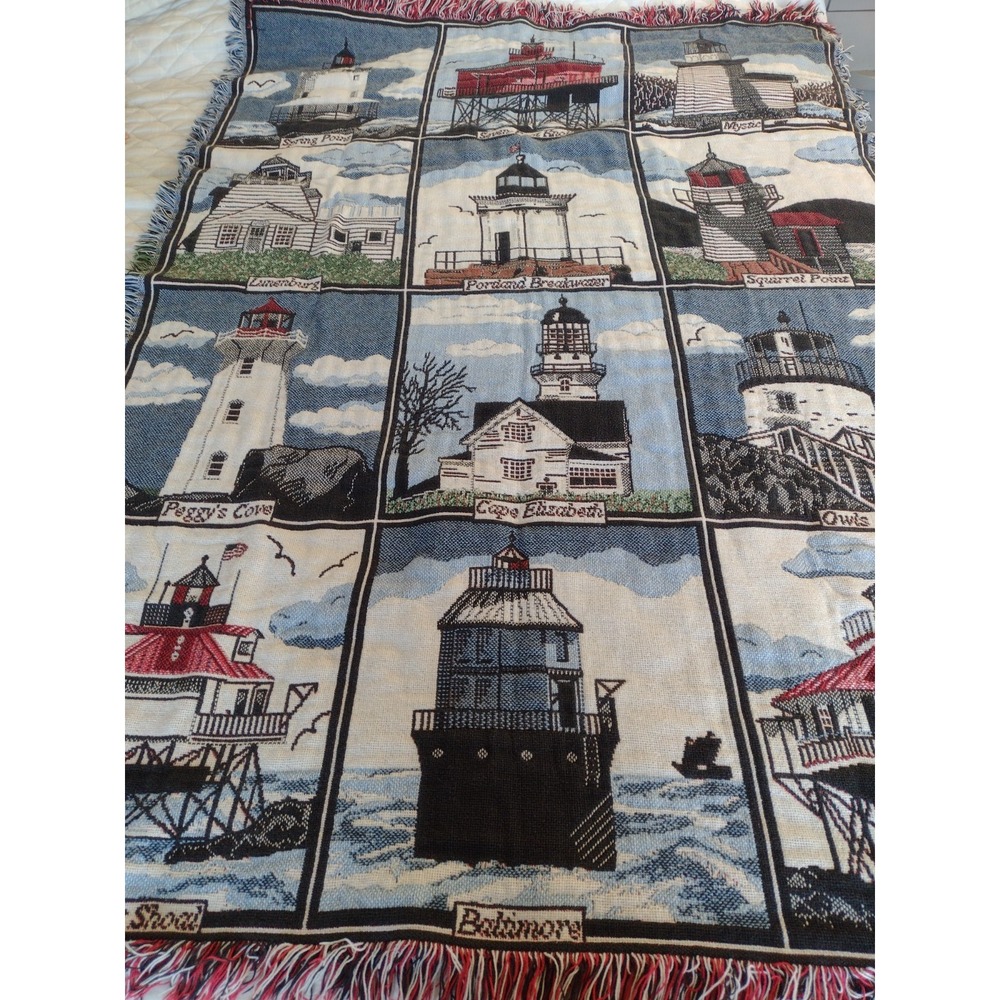 Goodwin Weavers Hutz Tapestry Lighthouse Throw Blanket Cotton 44x60 Made USA